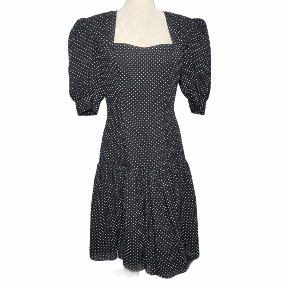 VINTAGE 80s dress black polka dot drop waist puff sleeve square neck M
